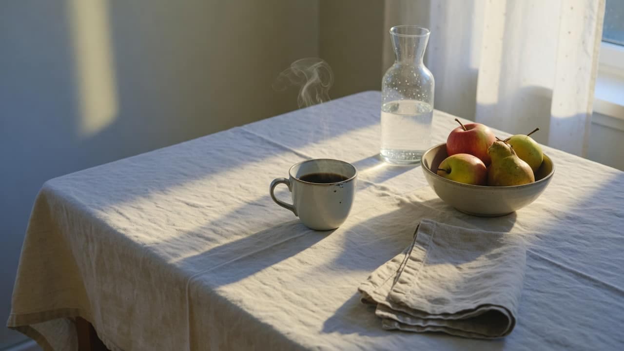 Ett köksbord i morgonljus med kaffe, frukt och en linneservett