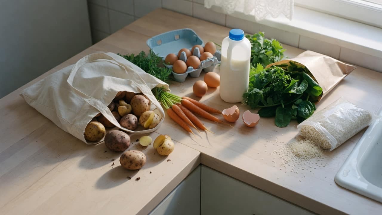 Matkasse, potatis, morötter, ägg, mjölk och ris utlagda på en köksbänk i morgonljus